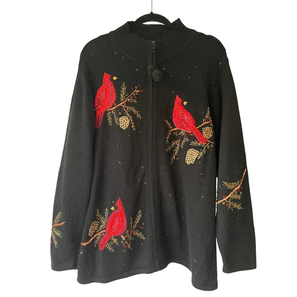 Quacker Factory Sweaters - Quacker Factory Womens Cardigan 1X Black Cardinal Bird Embellished‎ Full Zip